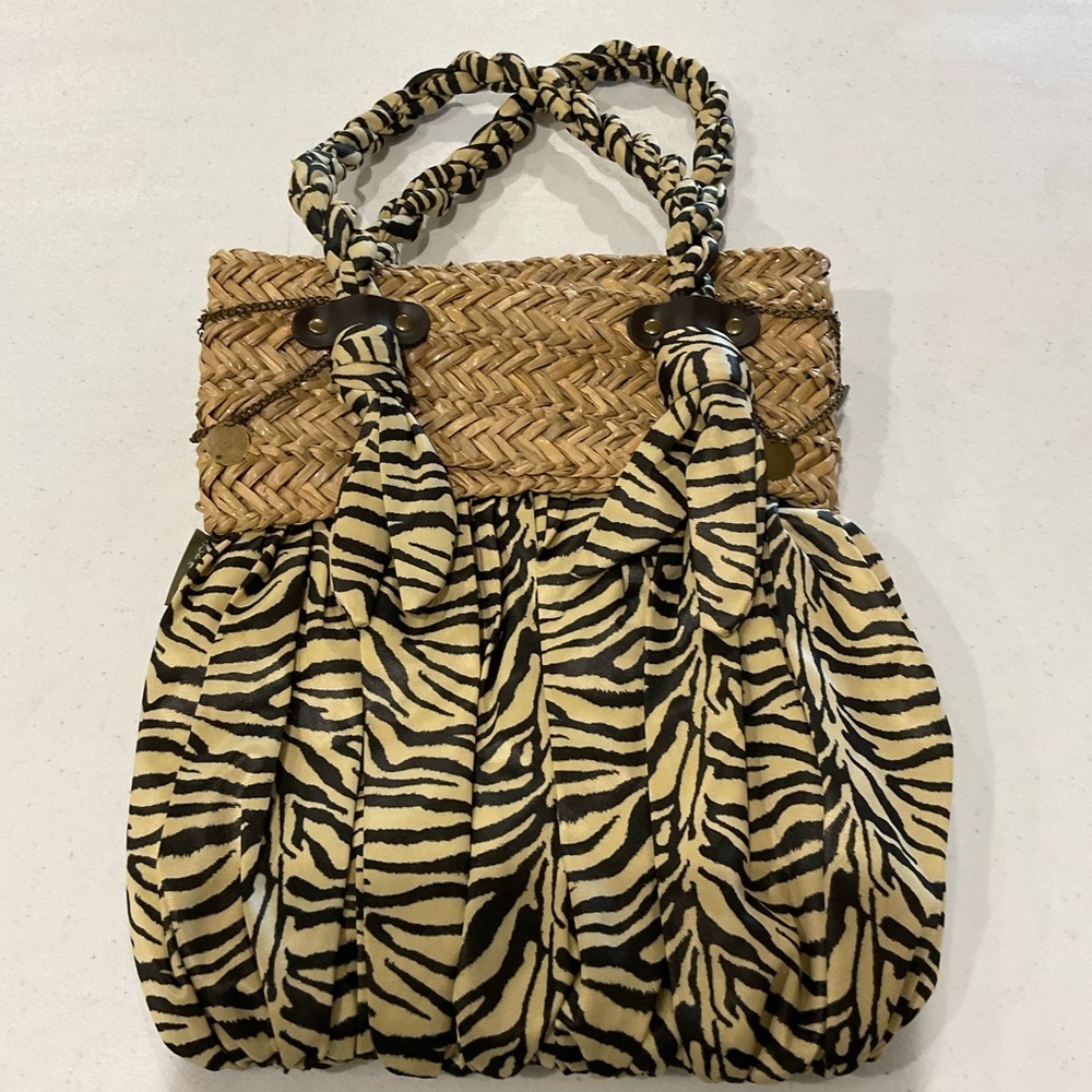 Vintage Sun n’ Sand Animal Print Shoulder Bag Magnetic Straw & Silky Fabric - Picture 4 of 12